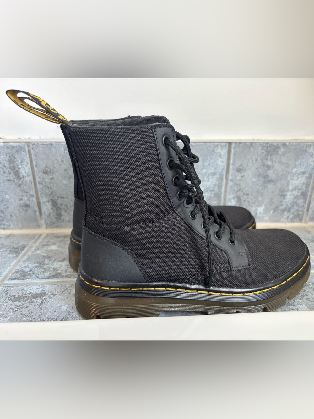 Dr. Martens Black Lace-Up Canvas Combat Boots with Yellow Stitching - Picture 3 of 9